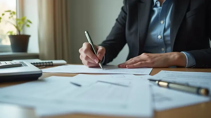 Persoon ordent belastingdocumenten op bureau