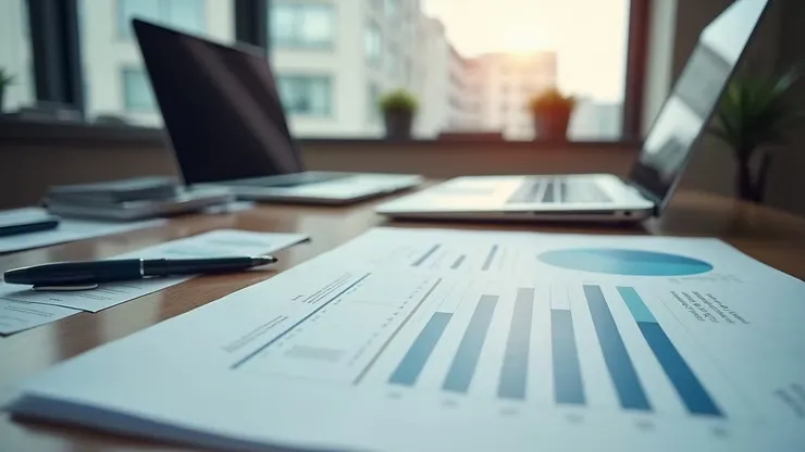 Modern kantoorburo met financiële documenten en laptop